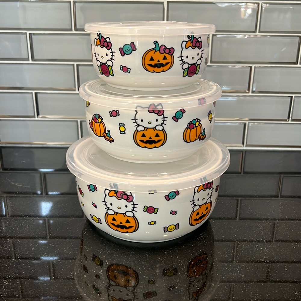 Hello Kitty Halloween 2024 ( 3 Piece Ceramic Food Storage Bowls Container Set )